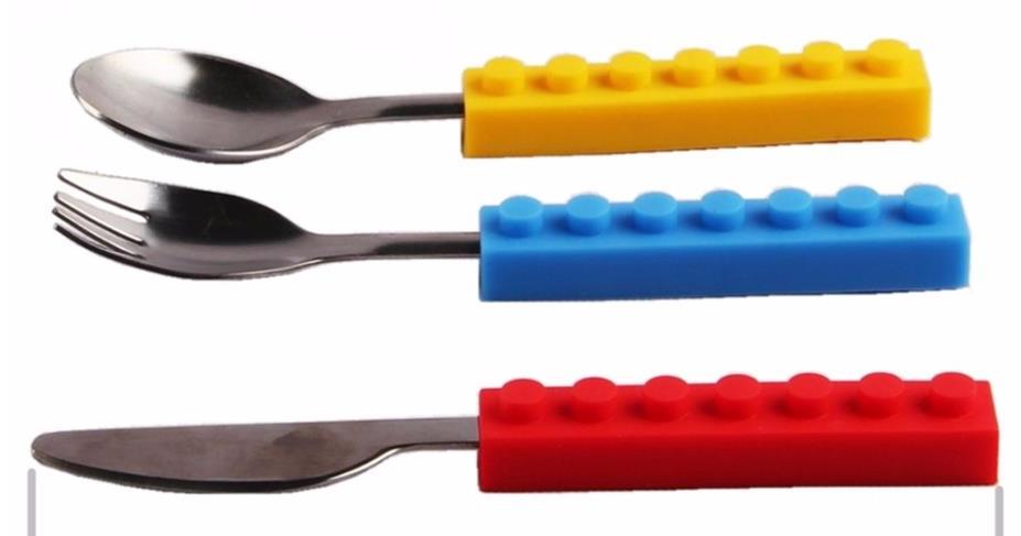 3PCS Creative Bricks Silicone Stainless Steel Portable Travel Kids Cutlery Fork Picnic Set Gift For CHild Dinnerware