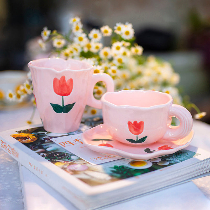 Flower Coffee Tulip Hand-kneaded Ceramic Cup And Saucer