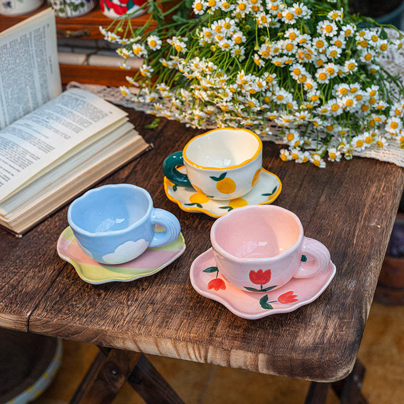 Flower Coffee Tulip Hand-kneaded Ceramic Cup And Saucer