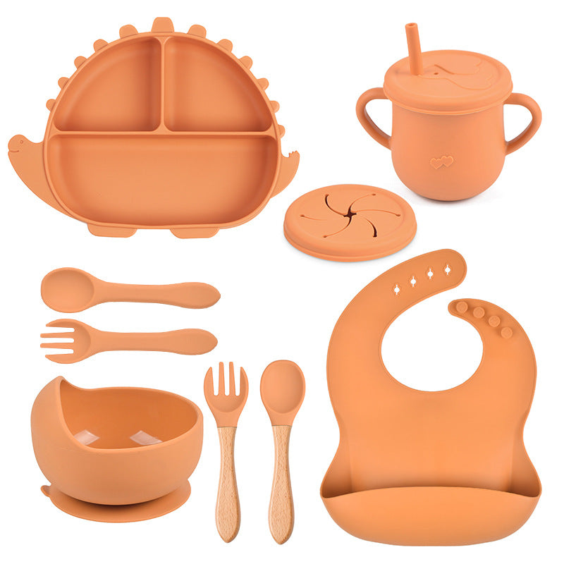8-piece Children's Silicone Tableware Set Dinosaur Silicone Plate Bib Spoon Fork Cup Baby Silicone Plate