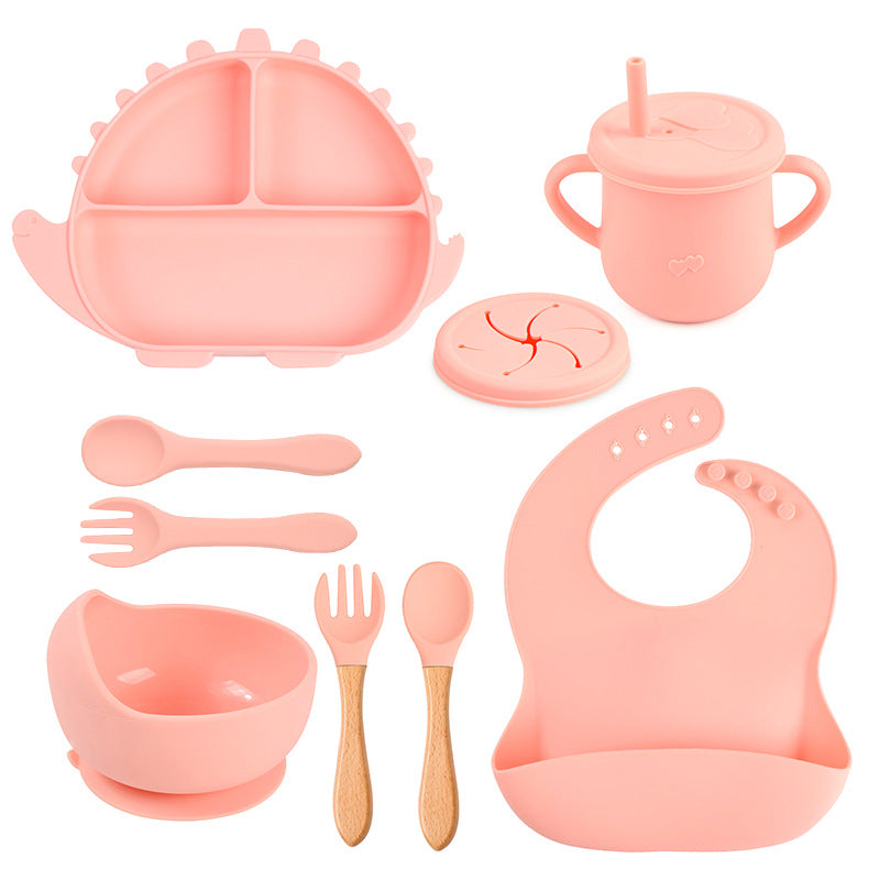 8-piece Children's Silicone Tableware Set Dinosaur Silicone Plate Bib Spoon Fork Cup Baby Silicone Plate