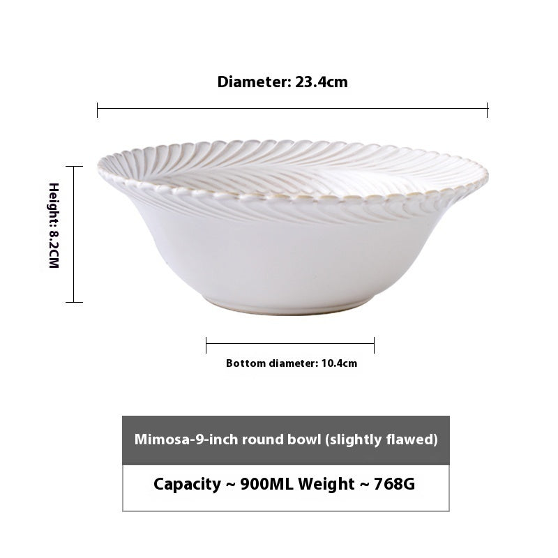 Ceramic Large Capacity Simple 9-inch Relief Straw Hat Bowl