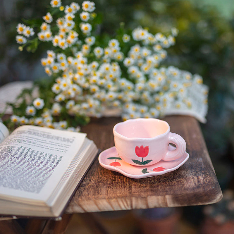 Flower Coffee Tulip Hand-kneaded Ceramic Cup And Saucer